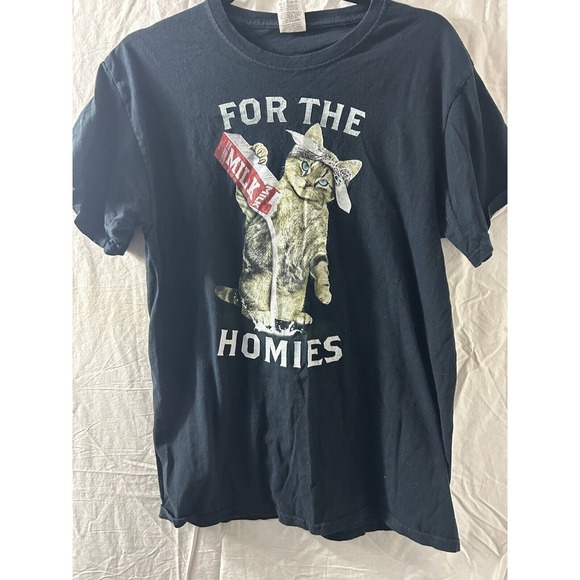 Kitten Cat For The Homies Pouring Milk Carton‎ Black Cotton T-shirt Size M - Picture 1 of 9